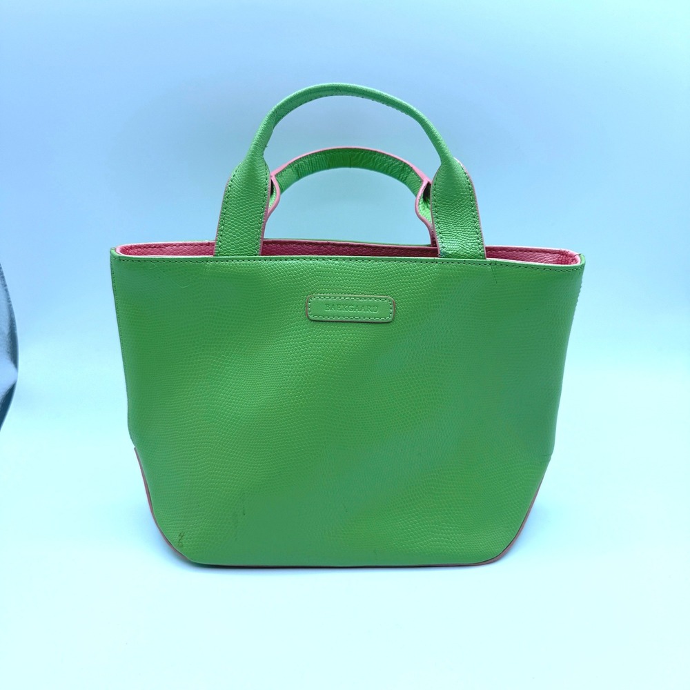Baekgaard Tote‎ Womens Small Green Pink Mini Pebbled Leather Top Handle Handbag